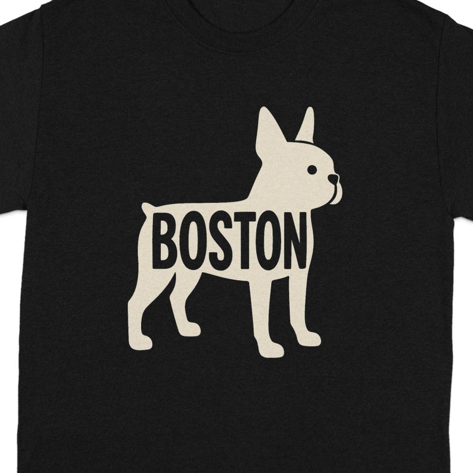 Black t-shirt with a cream French bulldog outline and the word Boston.