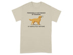 Beige t-shirt with golden retriever graphic and text.