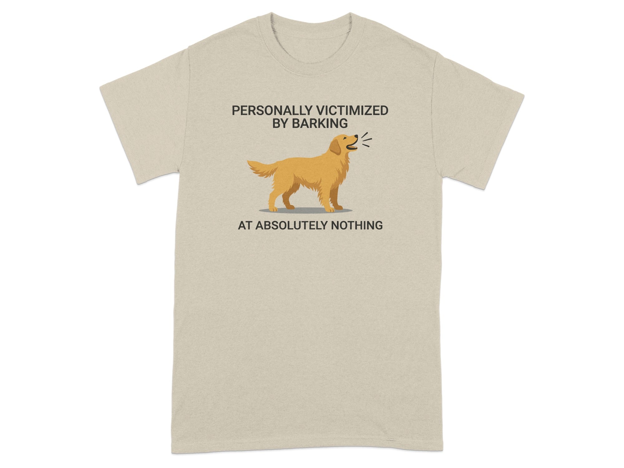 Beige t-shirt with golden retriever graphic and text.