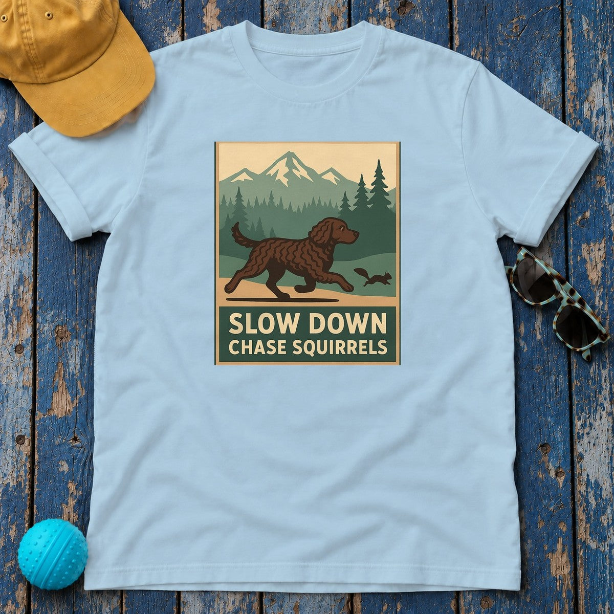 American Water Spaniel Slow Down Chase Squirrels Tee in Light Blue