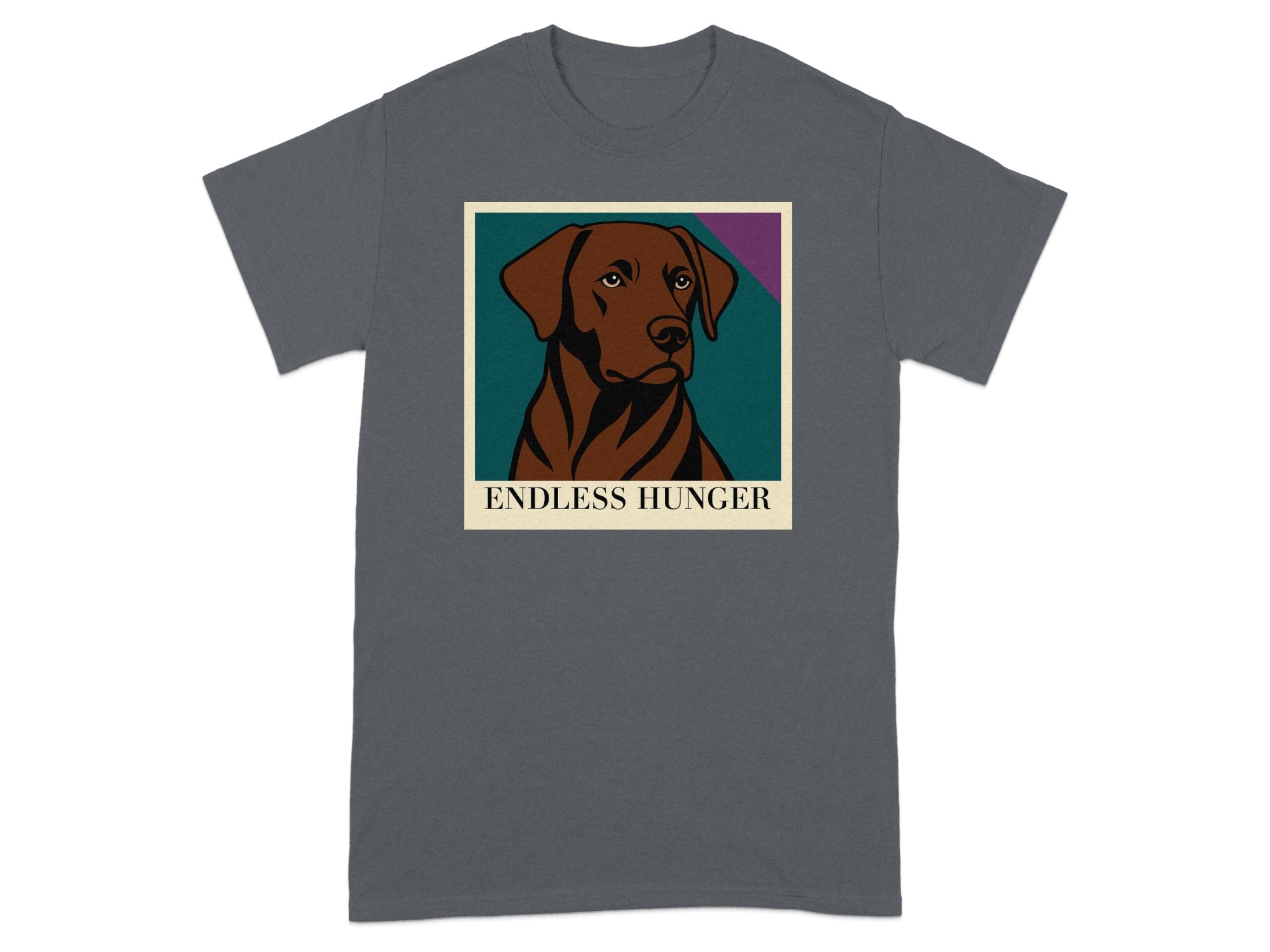 T-shirt with a brown dog portrait and "ENDLESS HUNGER" text.