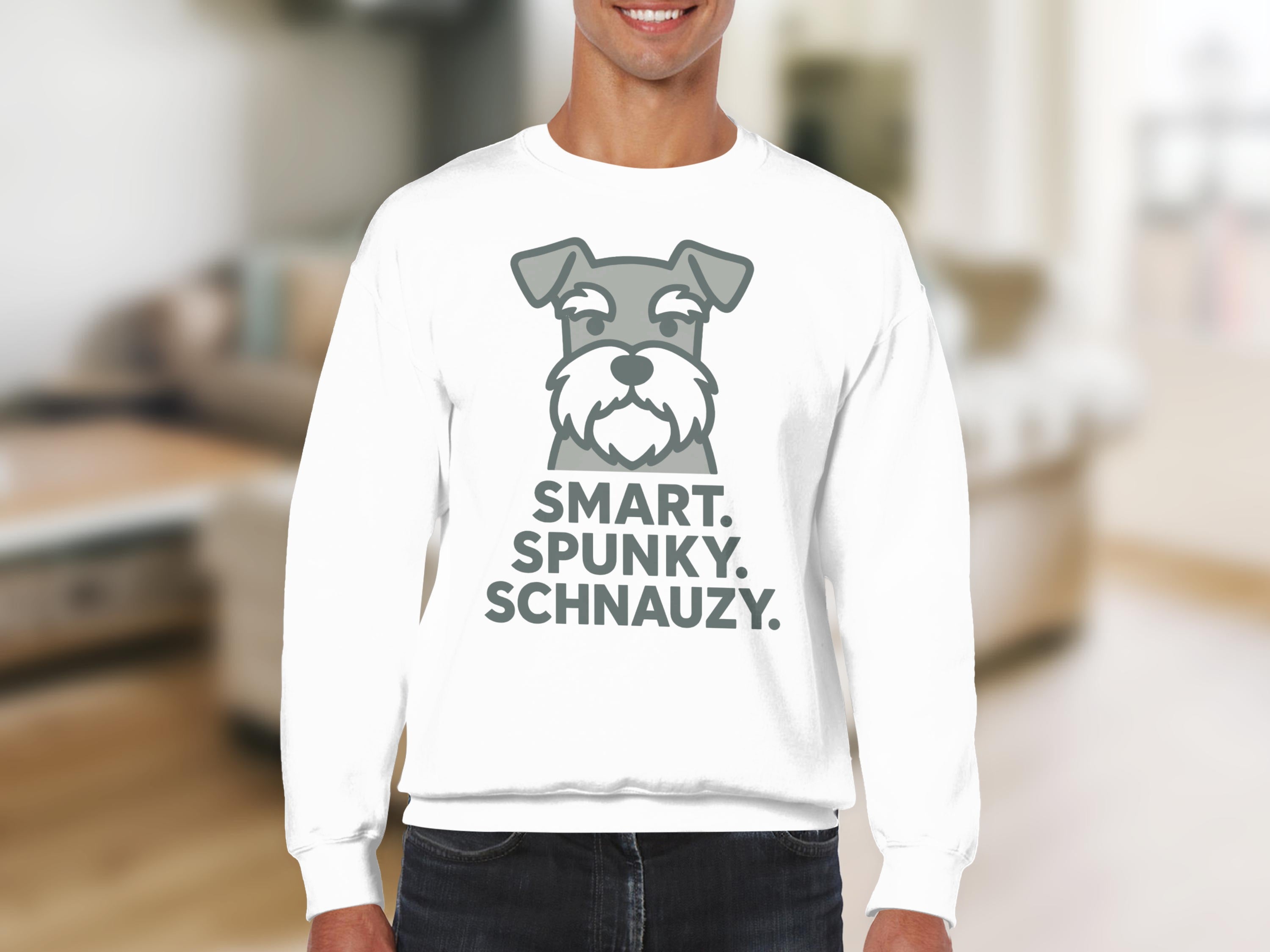 Sweatshirt with a cartoon schnauzer and "SMART. SPUNKY. SCHNAUZY." text.
