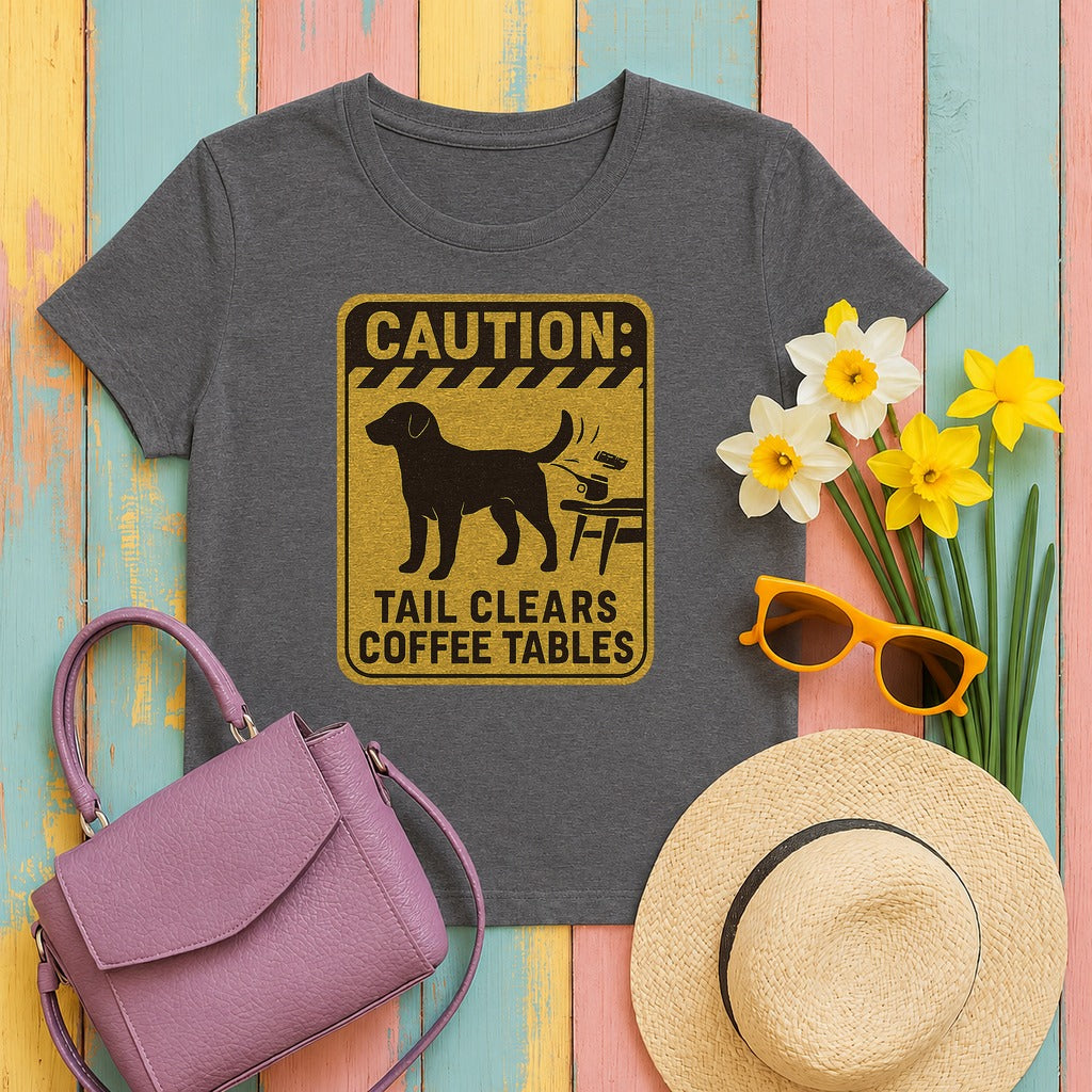 Chocolate Lab Tail Clears Coffee Tables T-shirt in Dark Grey Heather