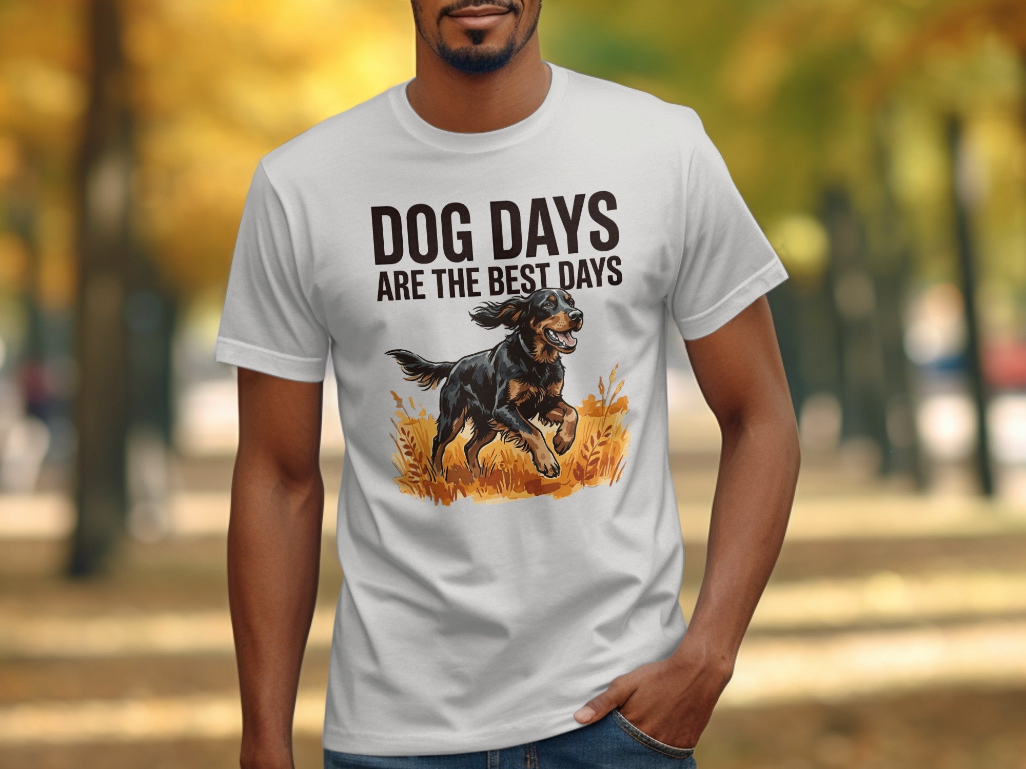 White t-shirt with "DOG DAYS ARE THE BEST DAYS" and a running dog graphic.