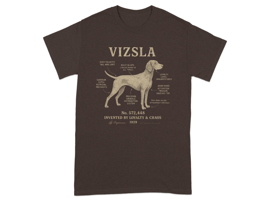Vizsla diagram with humorous labels for dog traits like "Tail Wag Unit".