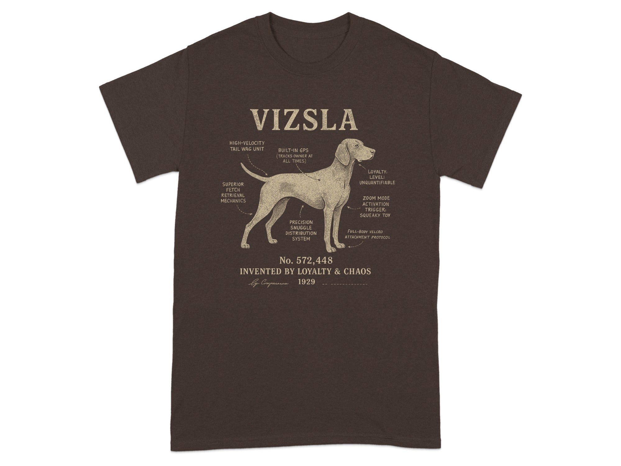 Vizsla diagram with humorous labels for dog traits like "Tail Wag Unit".
