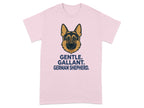 Pink t-shirt with German Shepherd illustration and text "GENTLE. GALLANT. GERMAN SHEPHERD."