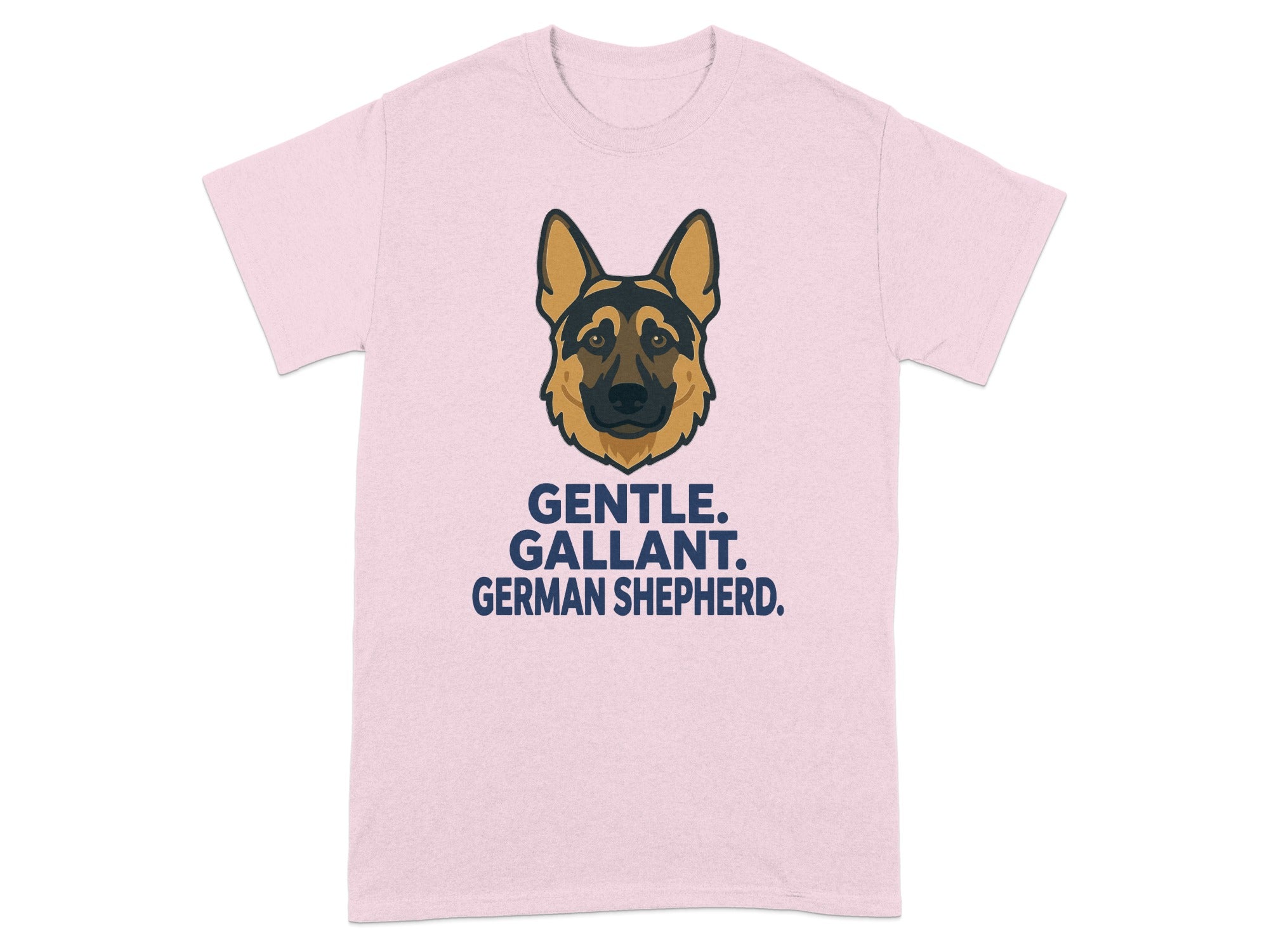 Pink t-shirt with German Shepherd illustration and text "GENTLE. GALLANT. GERMAN SHEPHERD."