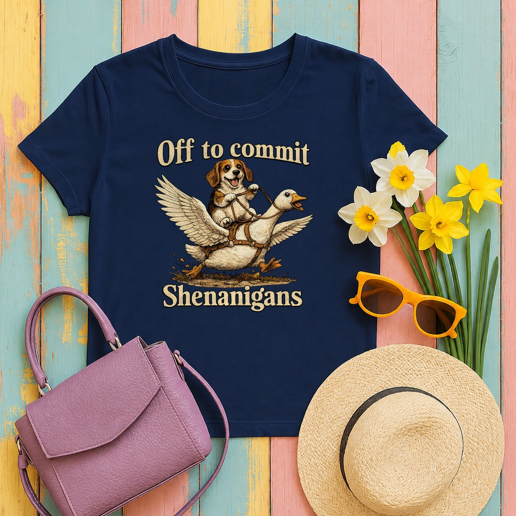 Whimsical Shenanigans Beagle & Goose Adventure T-Shirt in Navy