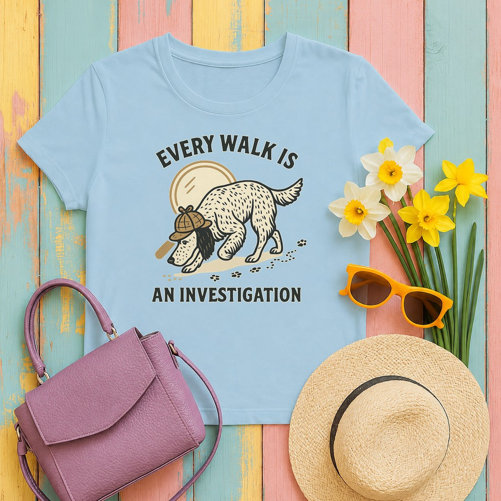 English Setter Every Walk Is an Investigation Tee in Light Blue