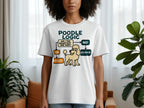 White t-shirt with poodle logic flowchart and cartoon poodle.