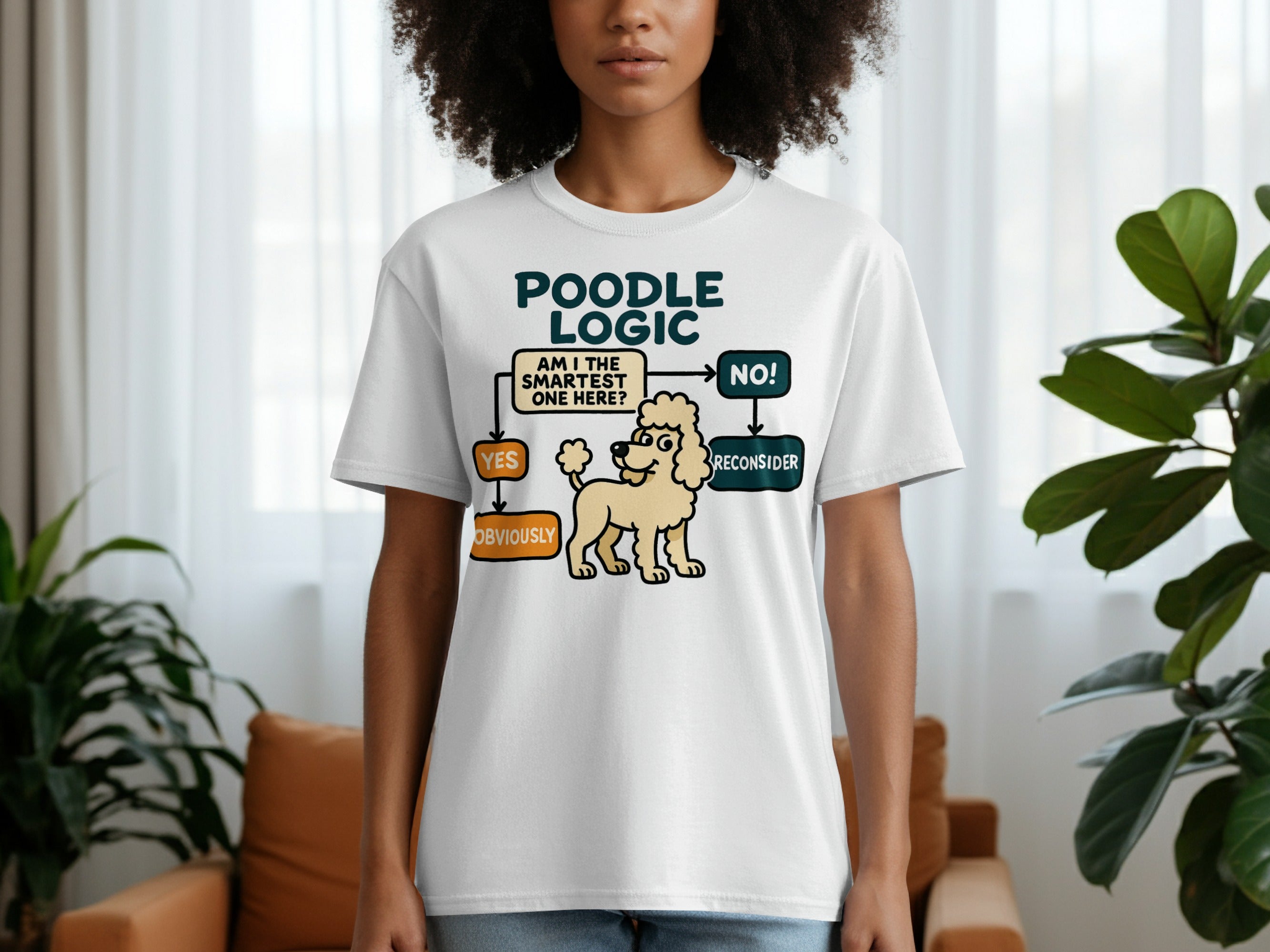 White t-shirt with poodle logic flowchart and cartoon poodle.