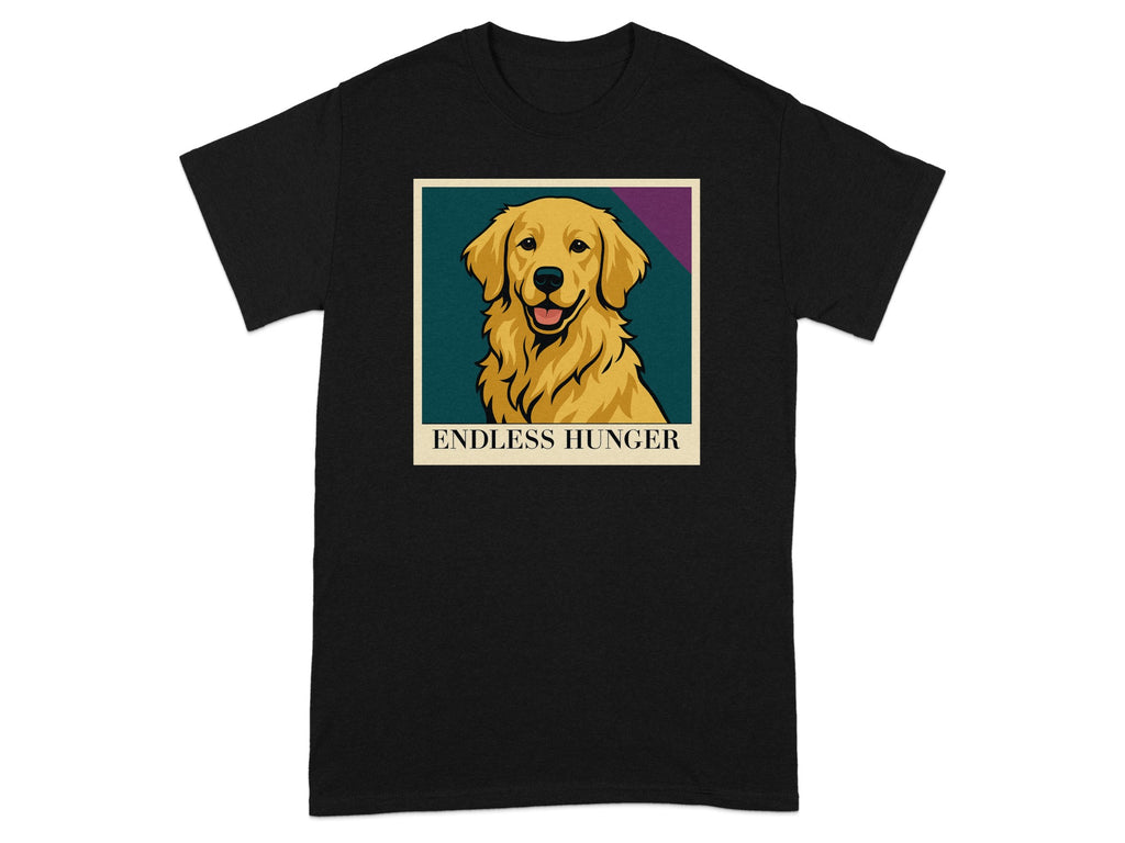 Black t-shirt with a stylized golden retriever portrait and the text "ENDLESS HUNGER".