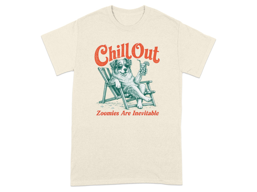 Cream t-shirt with dog in sunglasses relaxing in a deck chair with a drink.