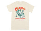 Cream t-shirt with dog in sunglasses relaxing in a deck chair with a drink.