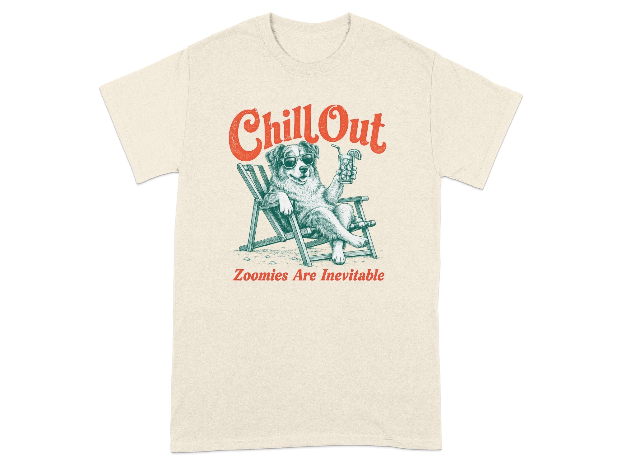 Cream t-shirt with dog in sunglasses relaxing in a deck chair with a drink.