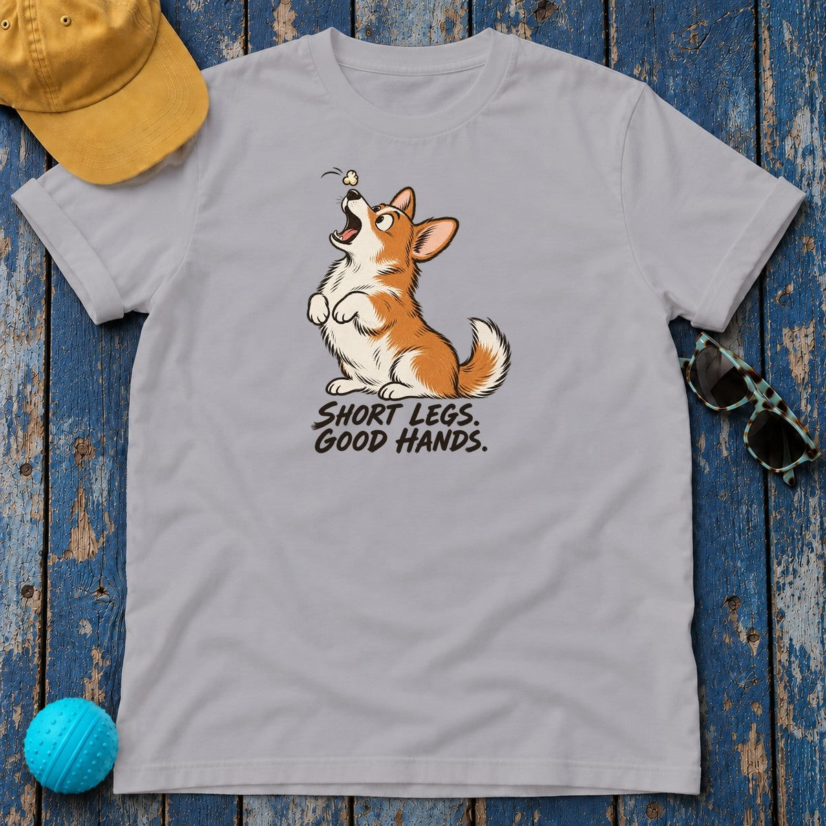 Short Legs Good Hands Corgi T-Shirt in Athletic Heather - flat lay