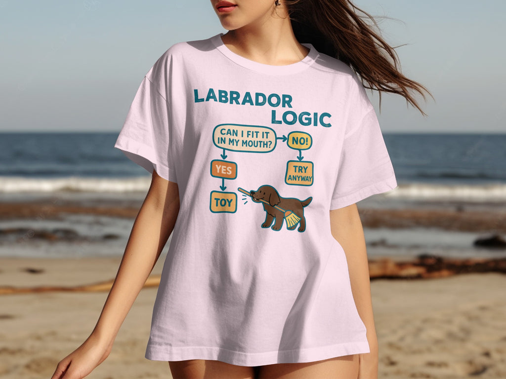 Labrador logic flowchart with text and a dog with a toy.
