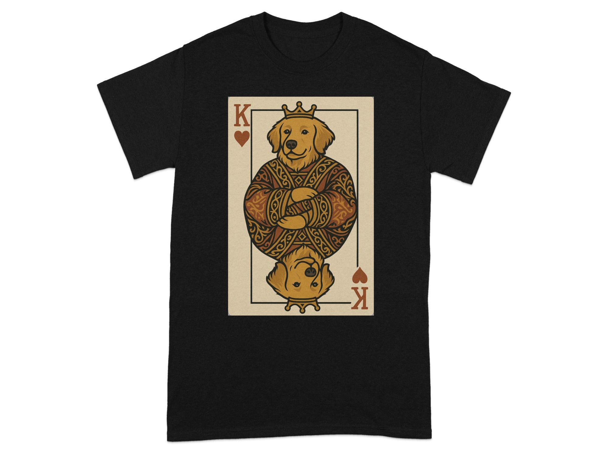 Black t-shirt with king of hearts playing card featuring a golden retriever.