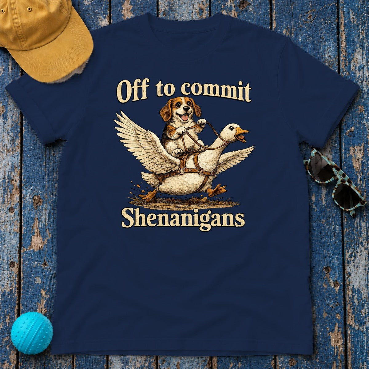 Whimsical Shenanigans Beagle & Goose Adventure T-Shirt in Navy