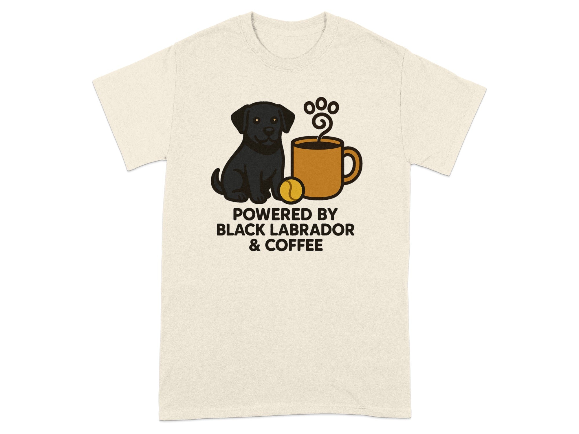 Cream t-shirt with black labrador, coffee mug, and text: Powered by Black Labrador & Coffee.