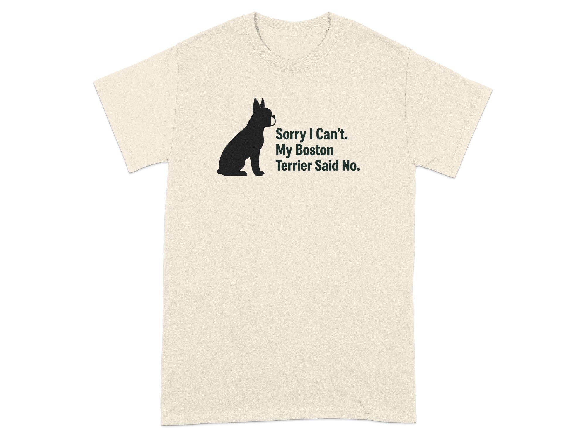 Cream t-shirt with black Boston Terrier silhouette and text.