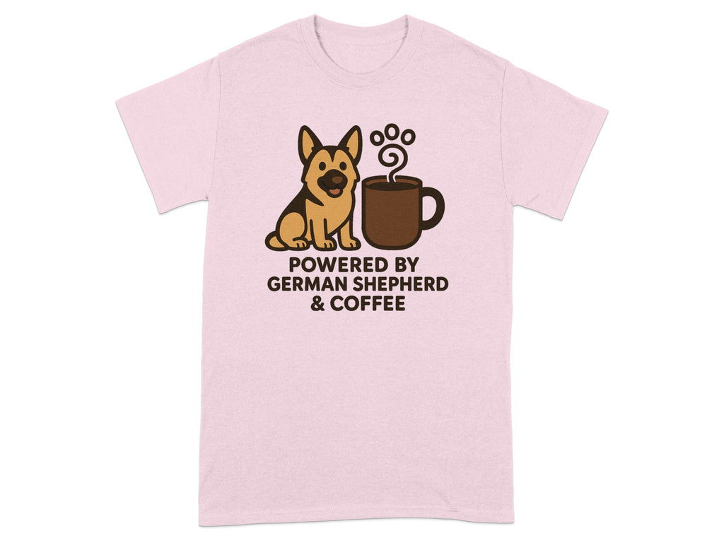 German Shepherd and coffee graphic with text "POWERED BY GERMAN SHEPHERD & COFFEE".