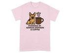 German Shepherd and coffee graphic with text "POWERED BY GERMAN SHEPHERD & COFFEE".