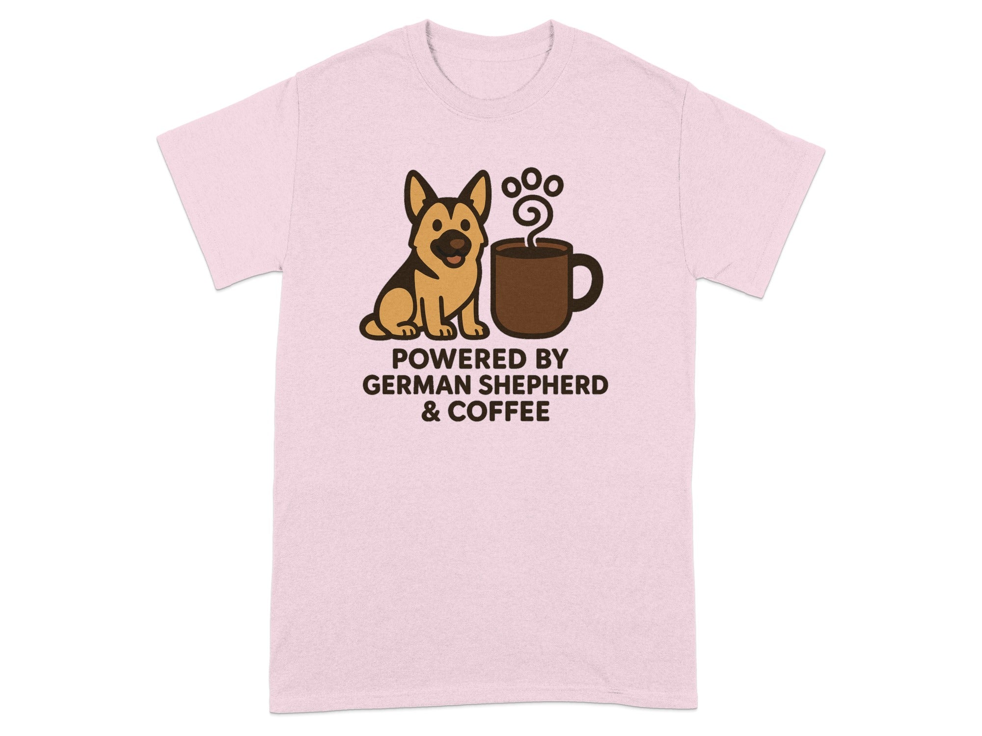 German Shepherd and coffee graphic with text "POWERED BY GERMAN SHEPHERD & COFFEE".