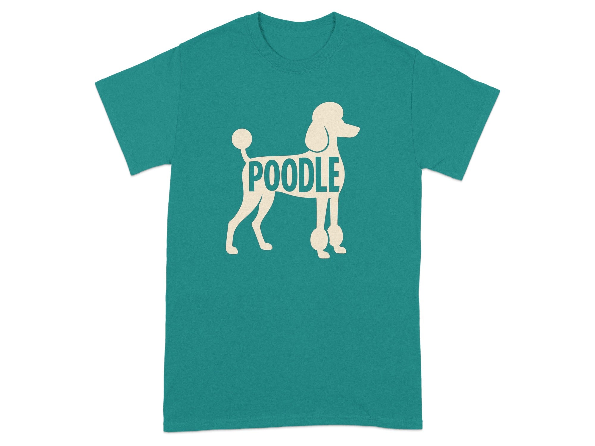 Teal t-shirt with a cream poodle silhouette and text reading "Poodle".