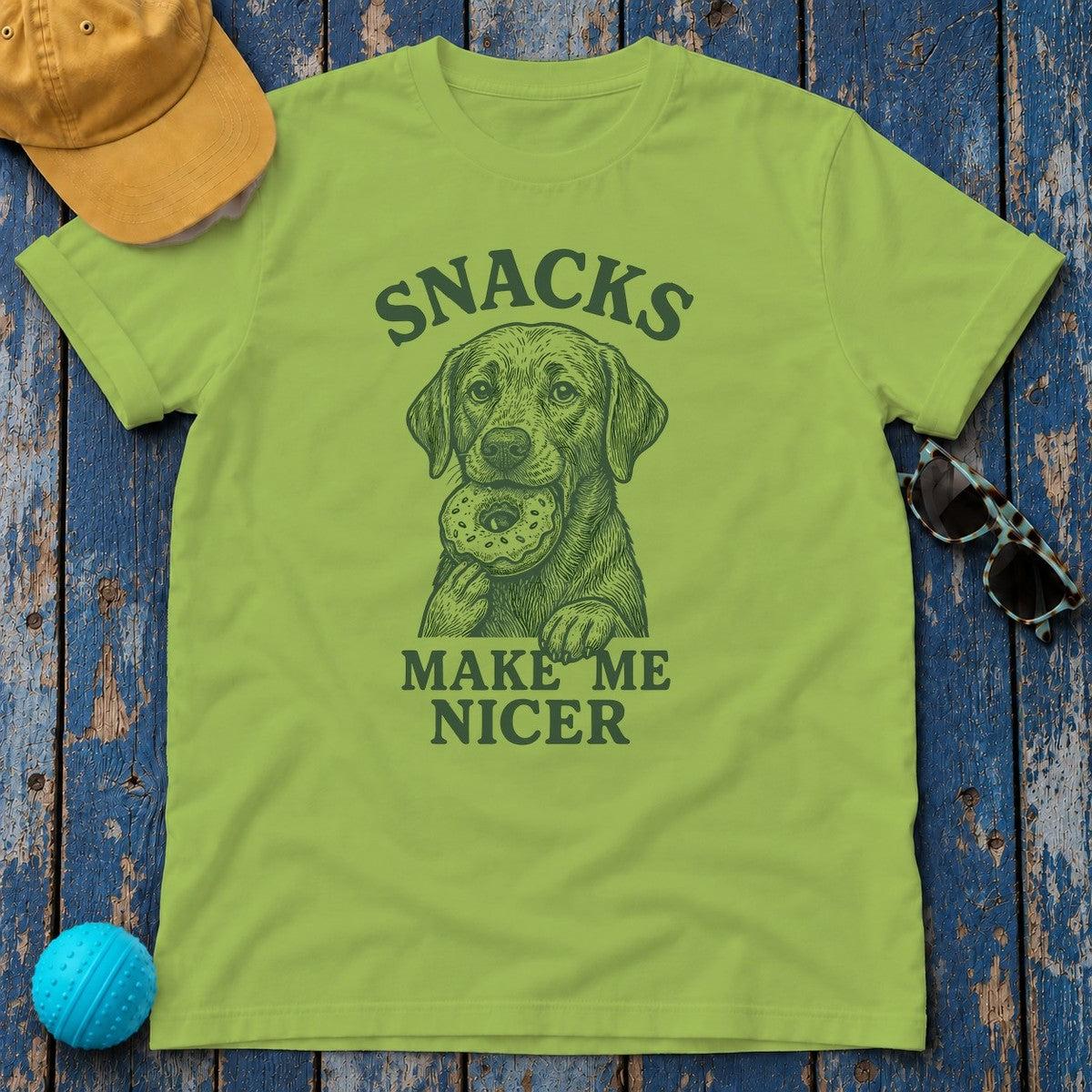 Snacks Make Me Nicer Labrador With Donut Graphic Novelty T-Shirt in Kiwi