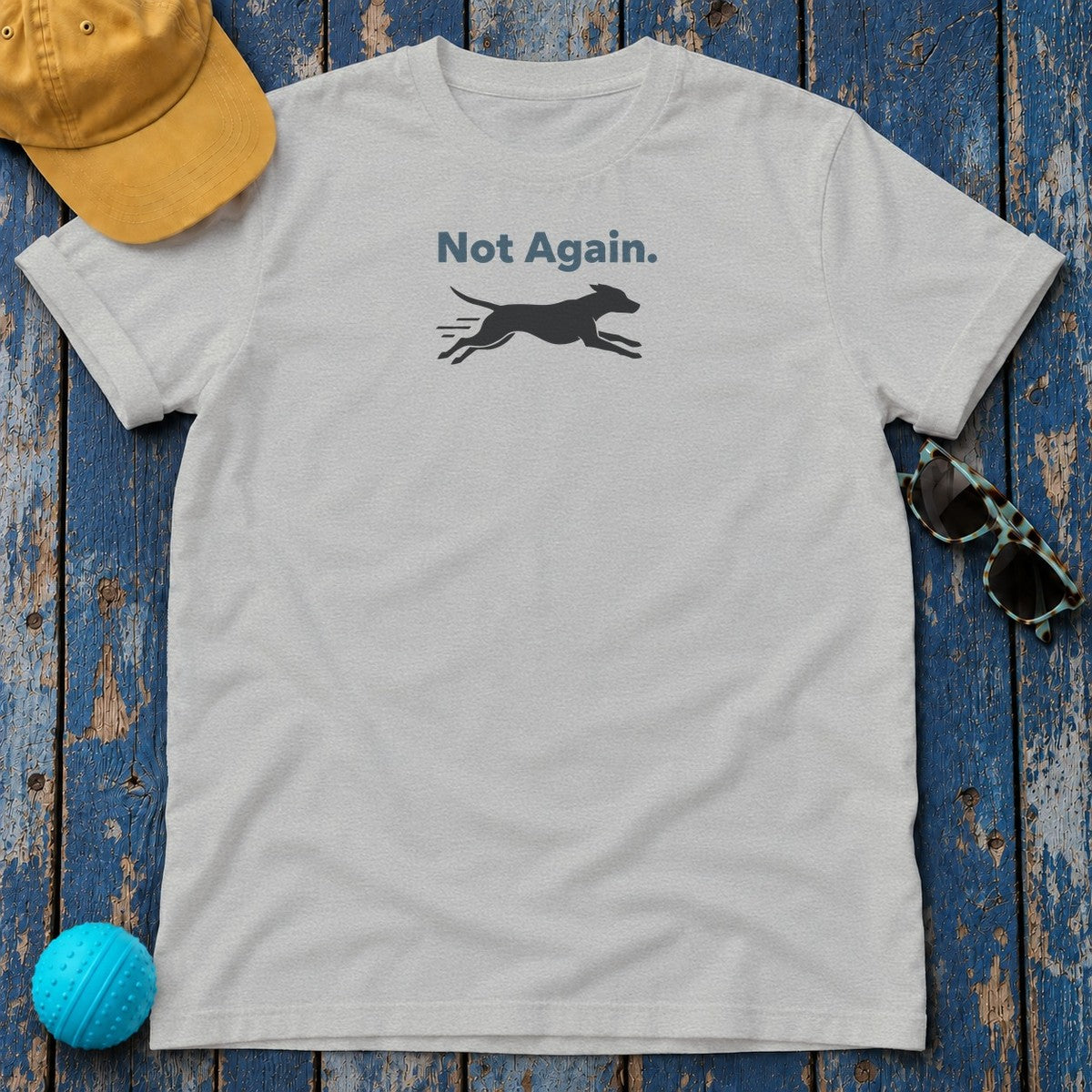 Not Again Running Dog Silhouette Humor Statement T-Shirt in Sport Grey