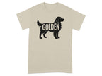 T-shirt with black silhouette of a golden retriever and word "GOLDEN".