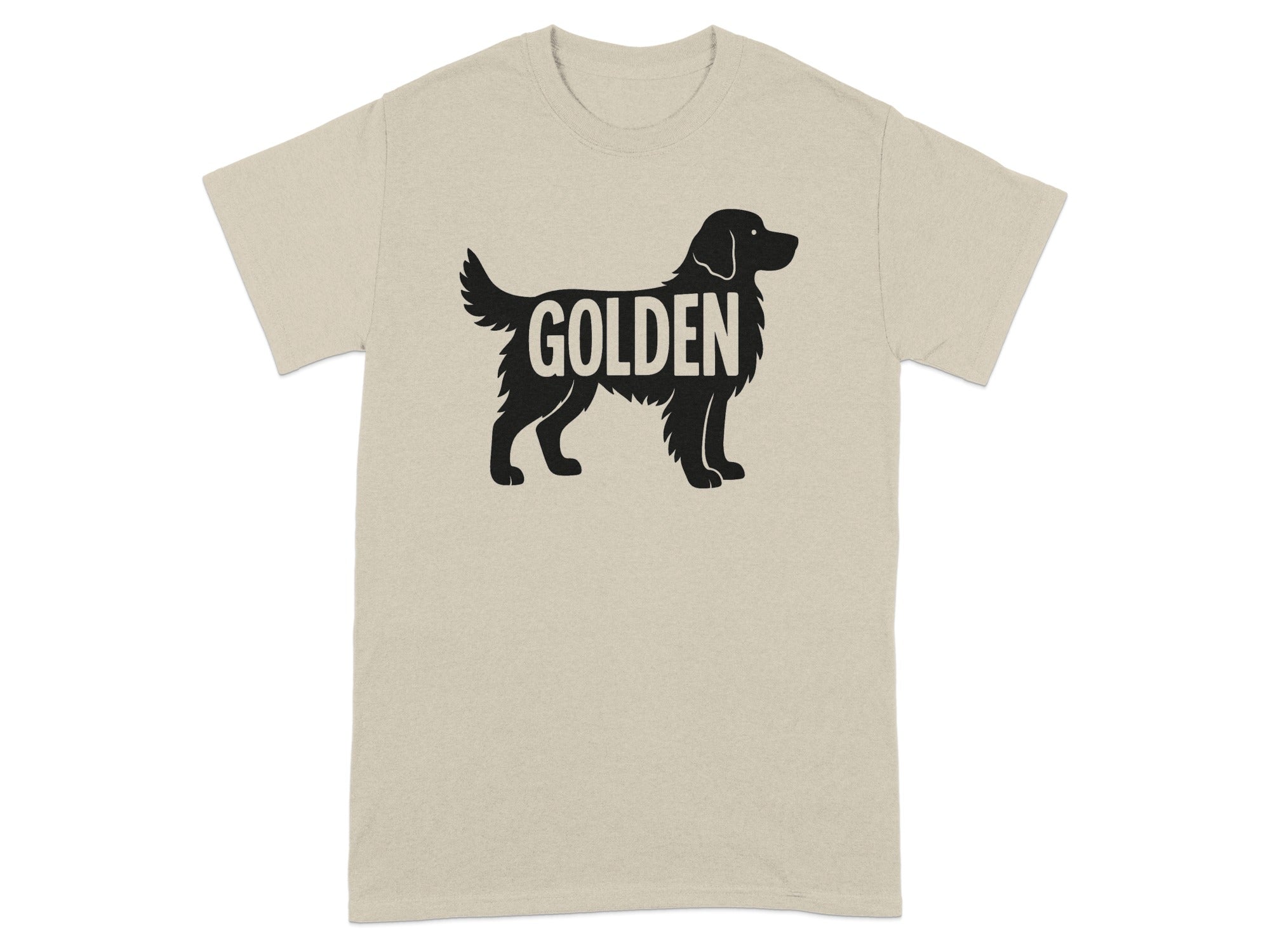 T-shirt with black silhouette of a golden retriever and word "GOLDEN".