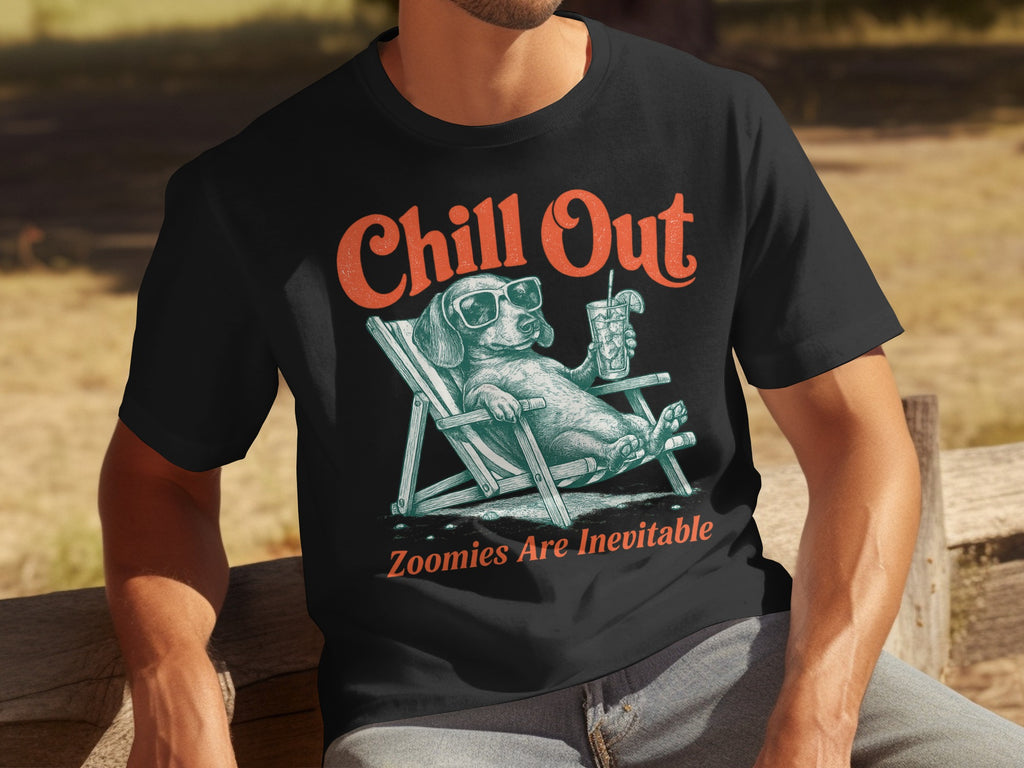 Black t-shirt with dog wearing sunglasses on a lounge chair, "Chill Out" text.