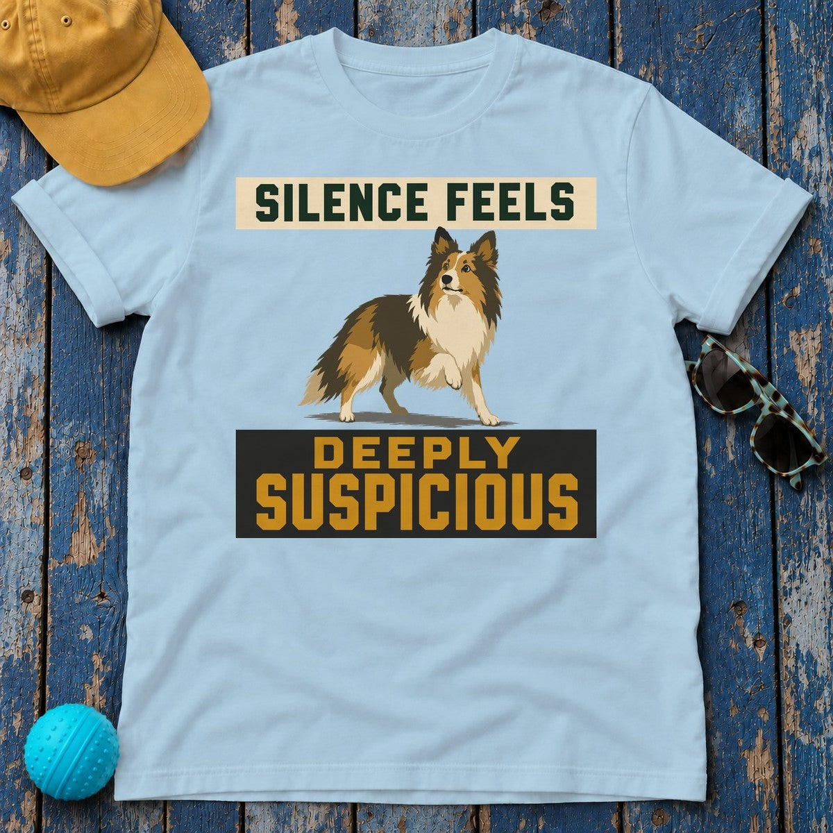 Deeply Suspicious Sheltie T-shirt in Light Blue