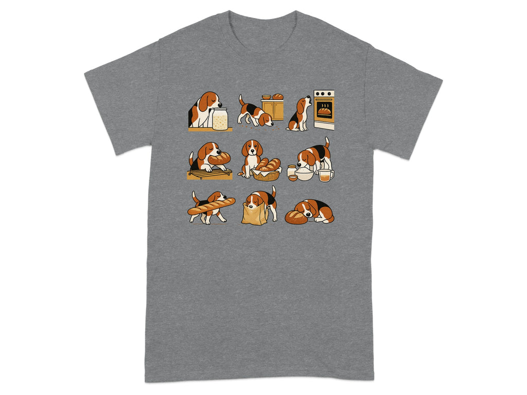 Cute beagles interacting with baked goods, including a jar of dough and bread.