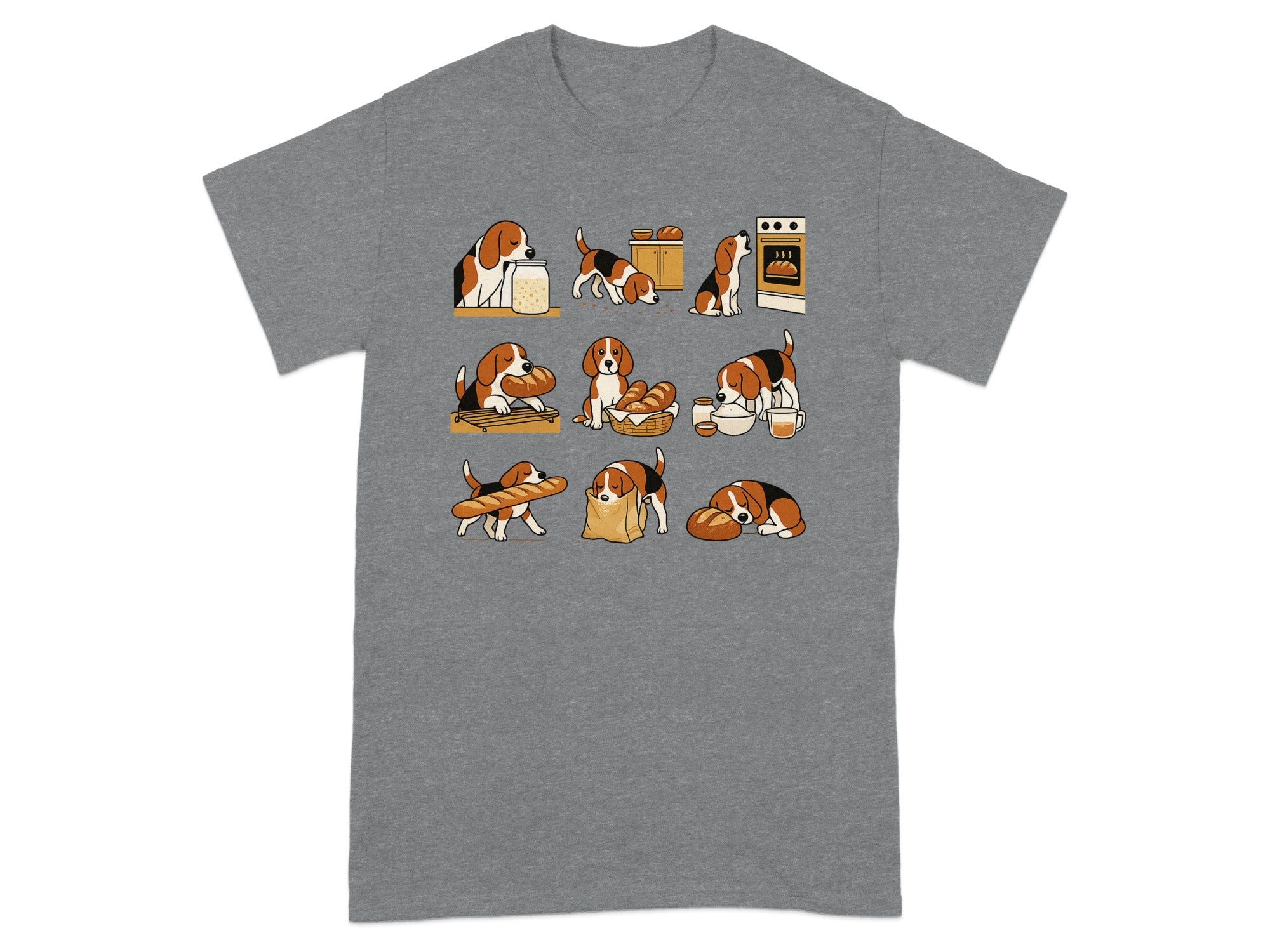 Cute beagles interacting with baked goods, including a jar of dough and bread.