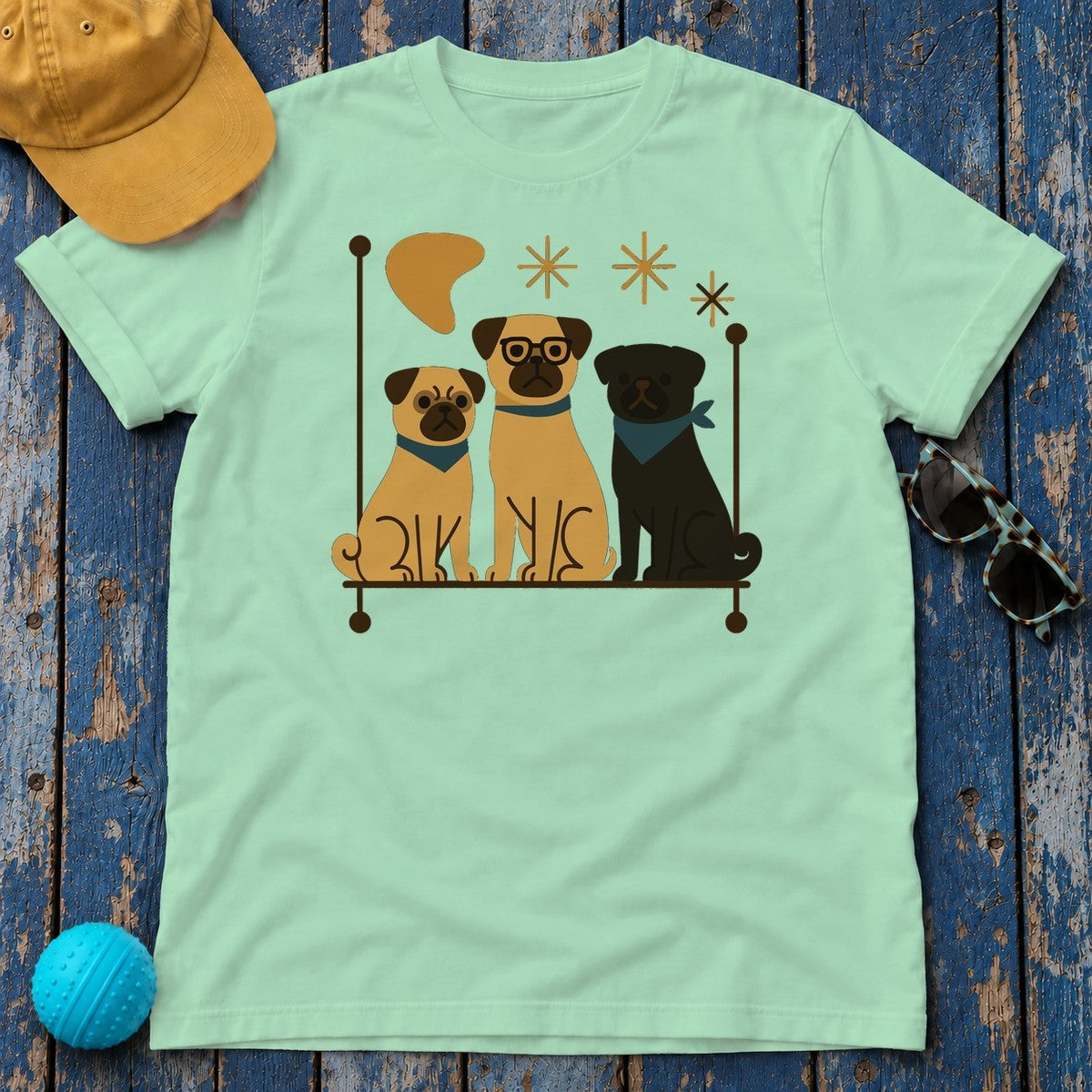 Mid-Mod Pug Parade Graphic T-Shirt in Mint Green