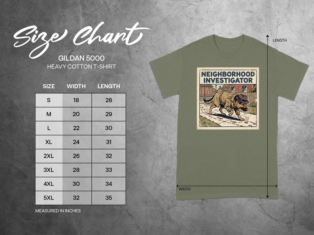 Gildan 5000 t-shirt size chart with "Neighborhood Investigator" graphic.