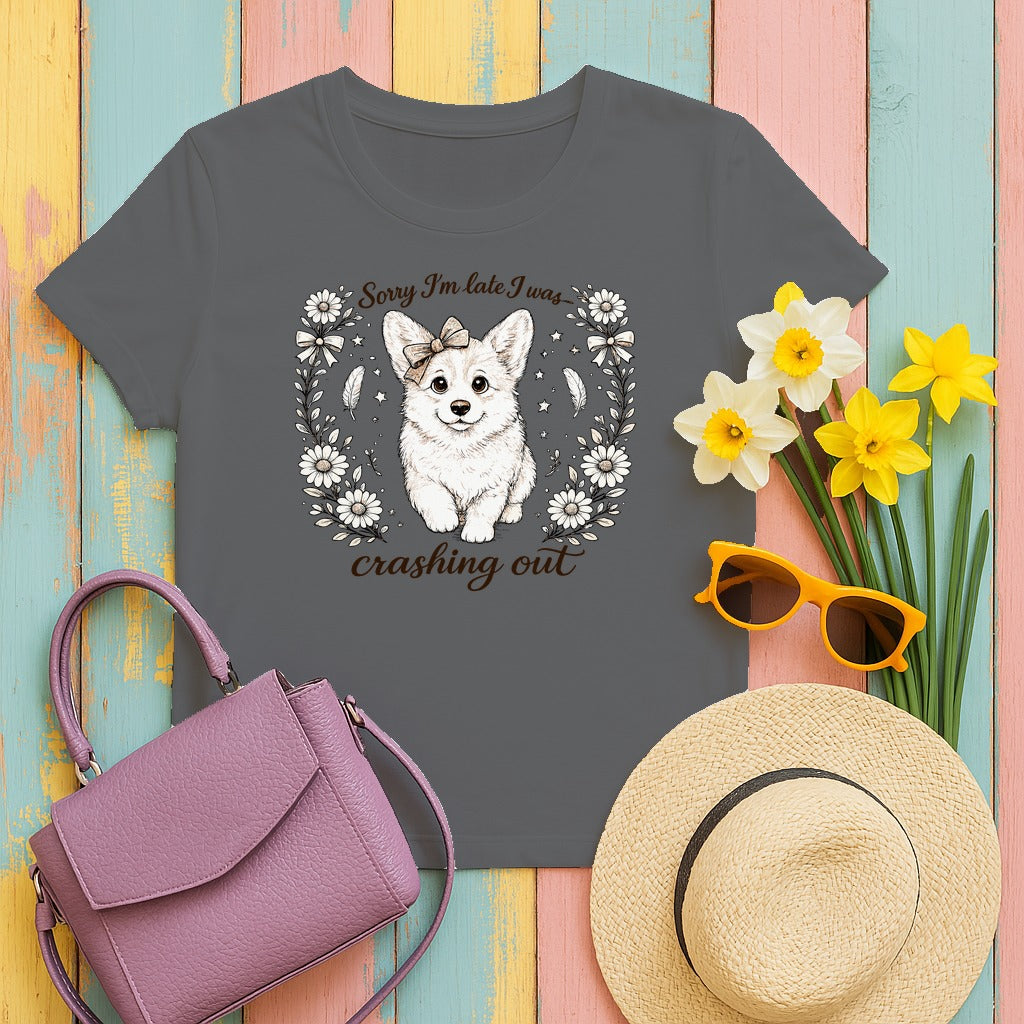 Whimsical Corgi Crashing Out T-Shirt in Graphite Heather