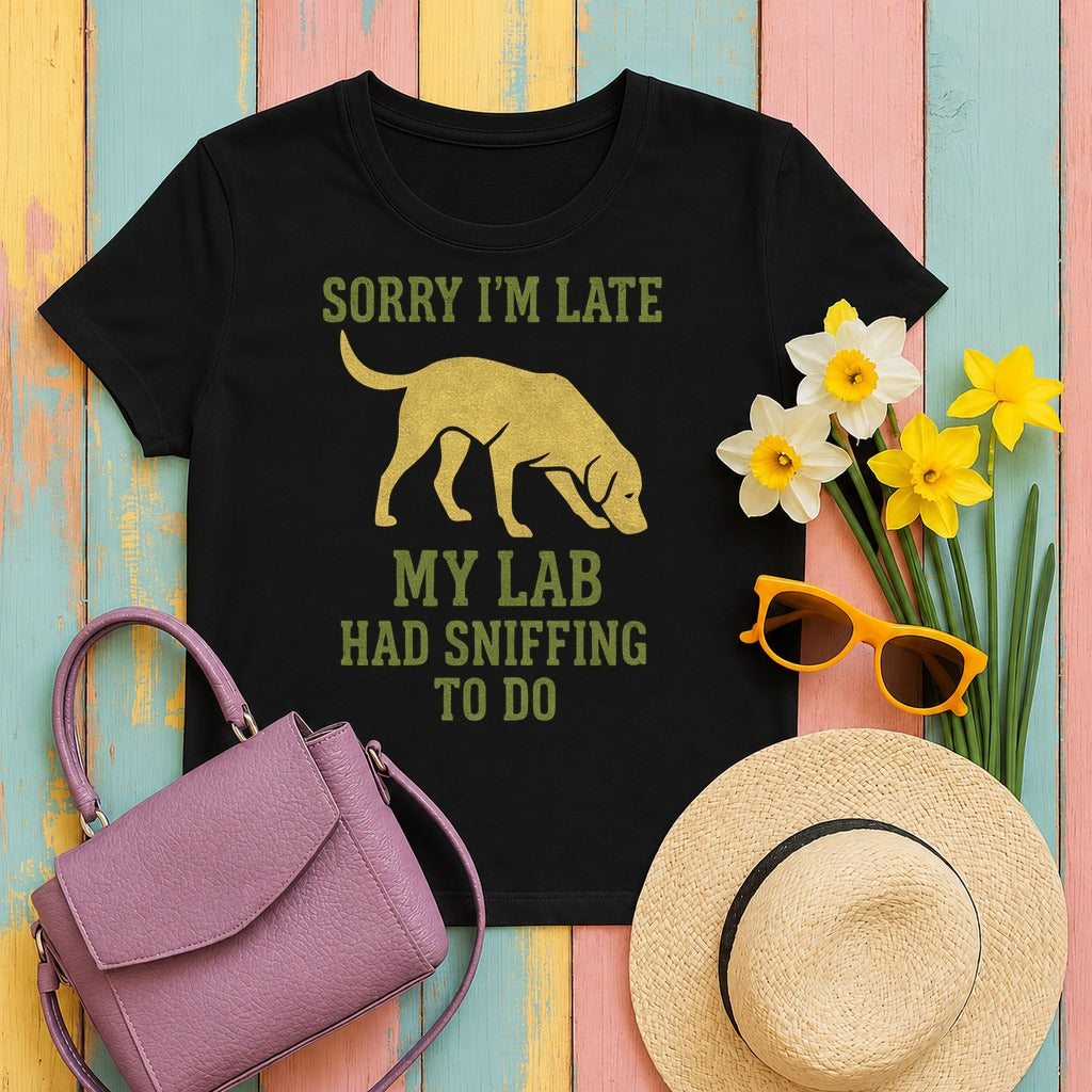 Sorry I am Late Lab Sniffing T-Shirt in Black