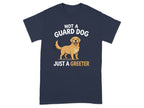 Navy t-shirt with a golden retriever and text "NOT A GUARD DOG JUST A GREETER".