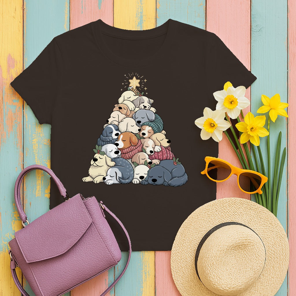 Sleeping Dogs Stacked Christmas Tree Funny Holiday T-Shirt in Brown
