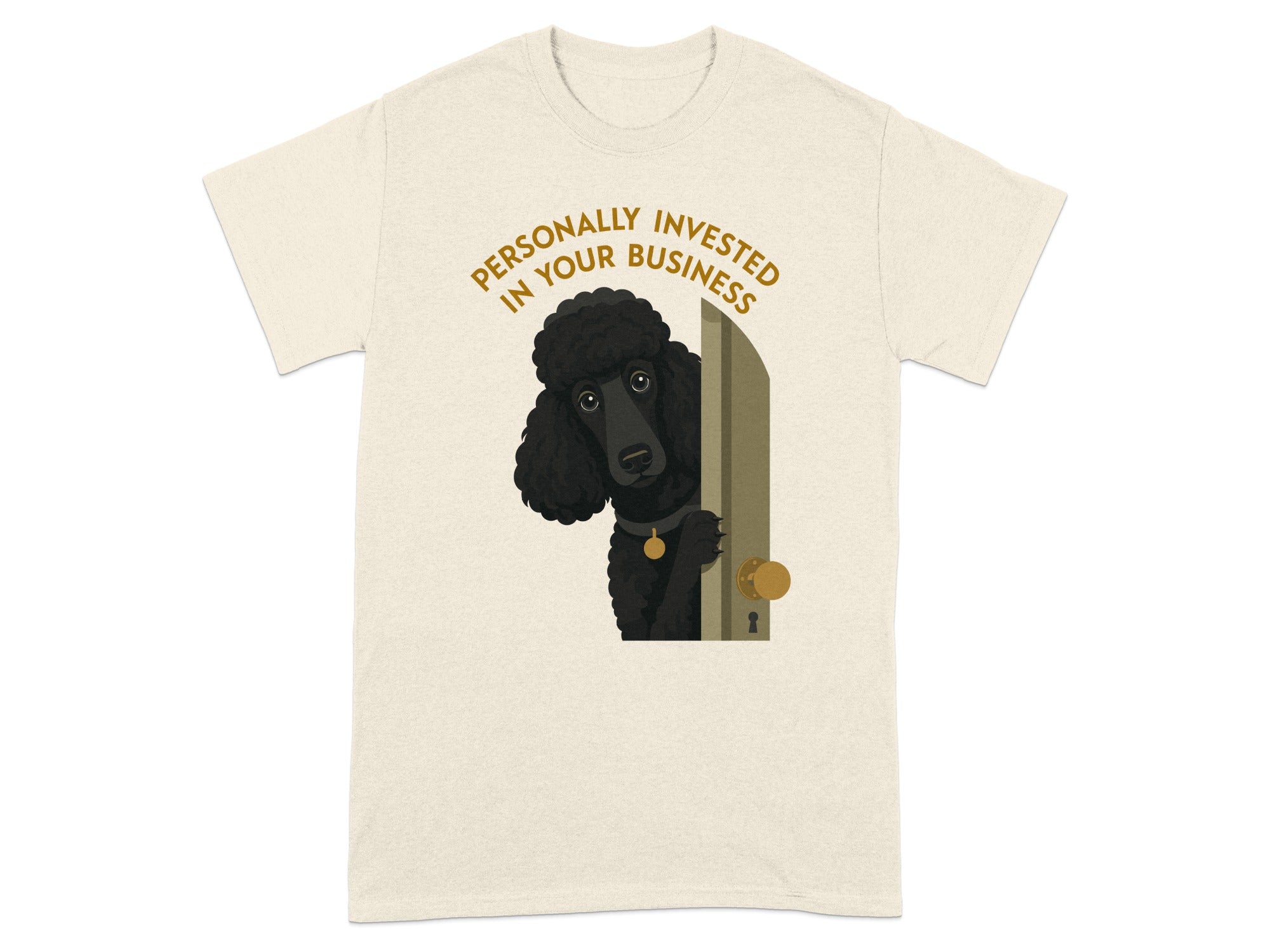 Poodle peeking around a door wearing a gold tag, text reads "Personally Invested In Your Business".