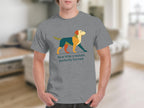 Grey t-shirt with abstract dog art and text "feral little creature, perfectly formed".