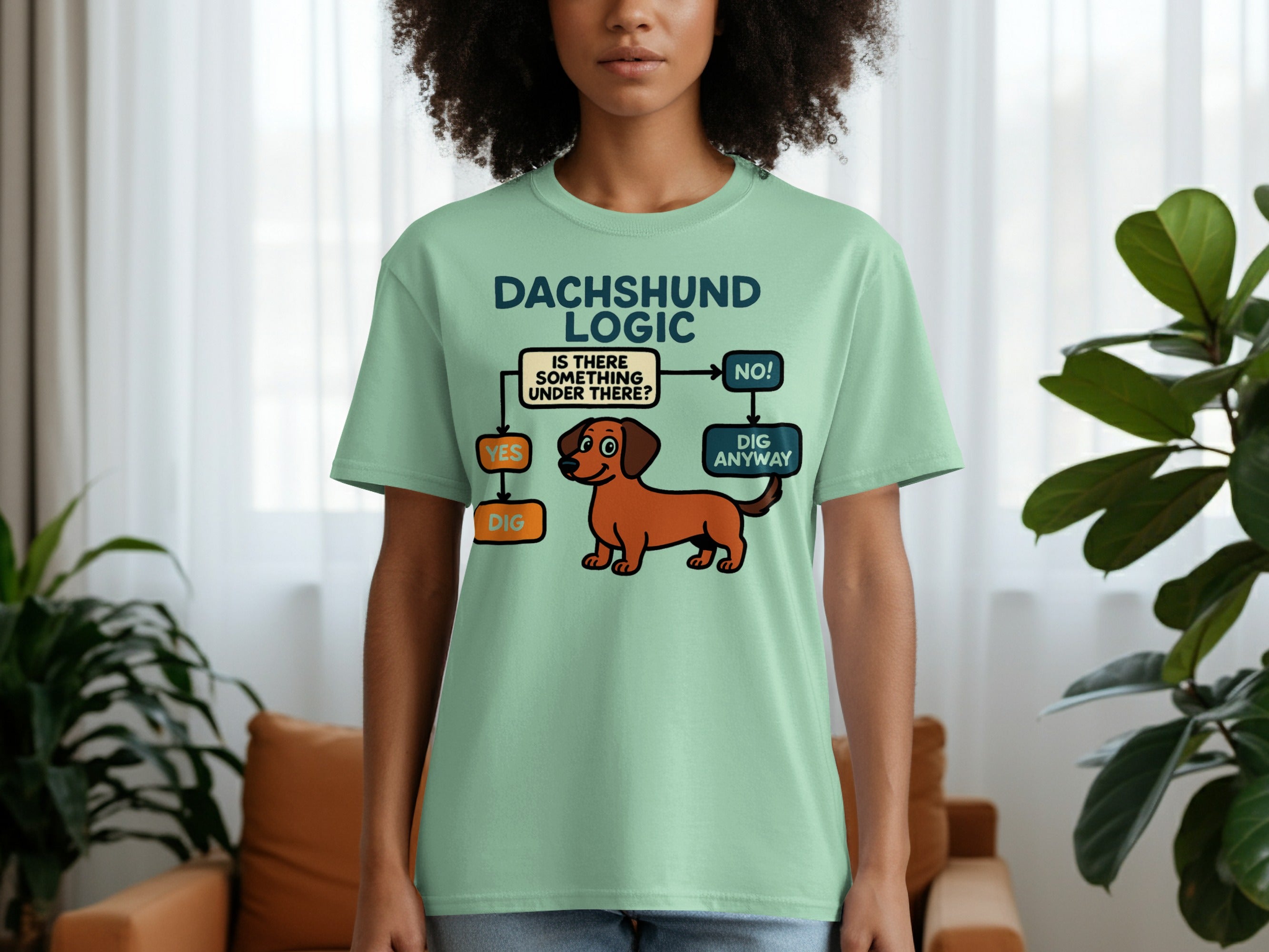 Light green t-shirt with "Dachshund Logic" flowchart and cartoon dachshund.