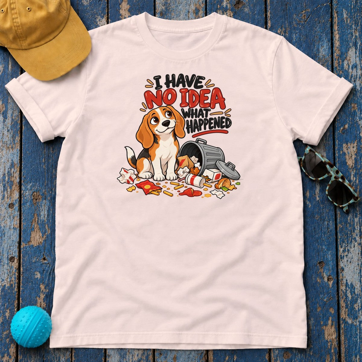 I Have No Idea What Happened Beagle T-Shirt in Soft Pink - flat lay
