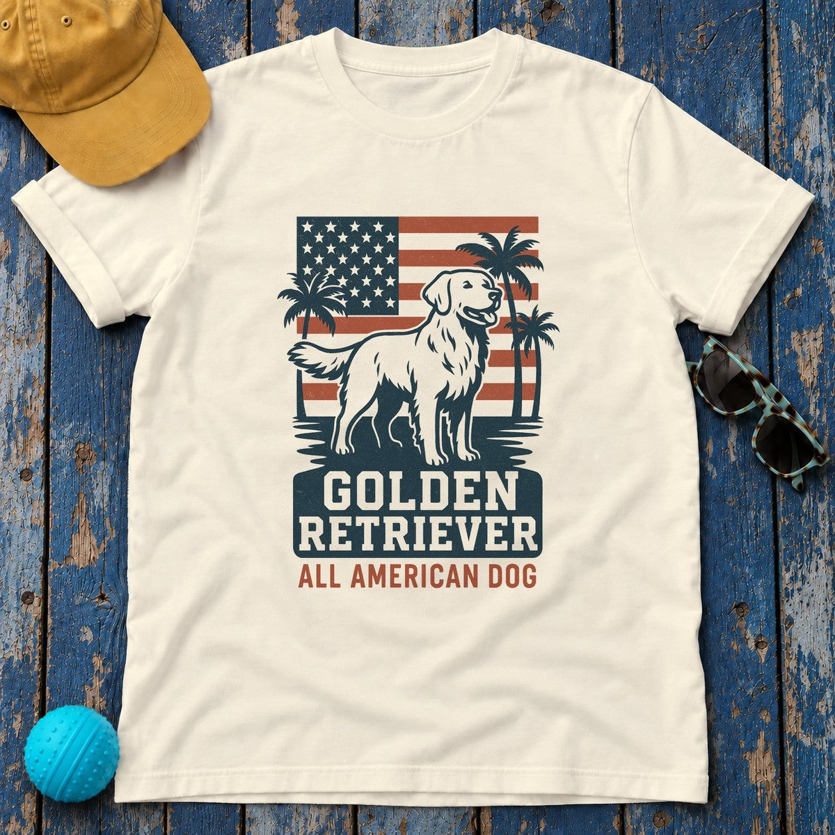 Golden Retriever All American Dog with Flag and Palms T-Shirt in Natural
