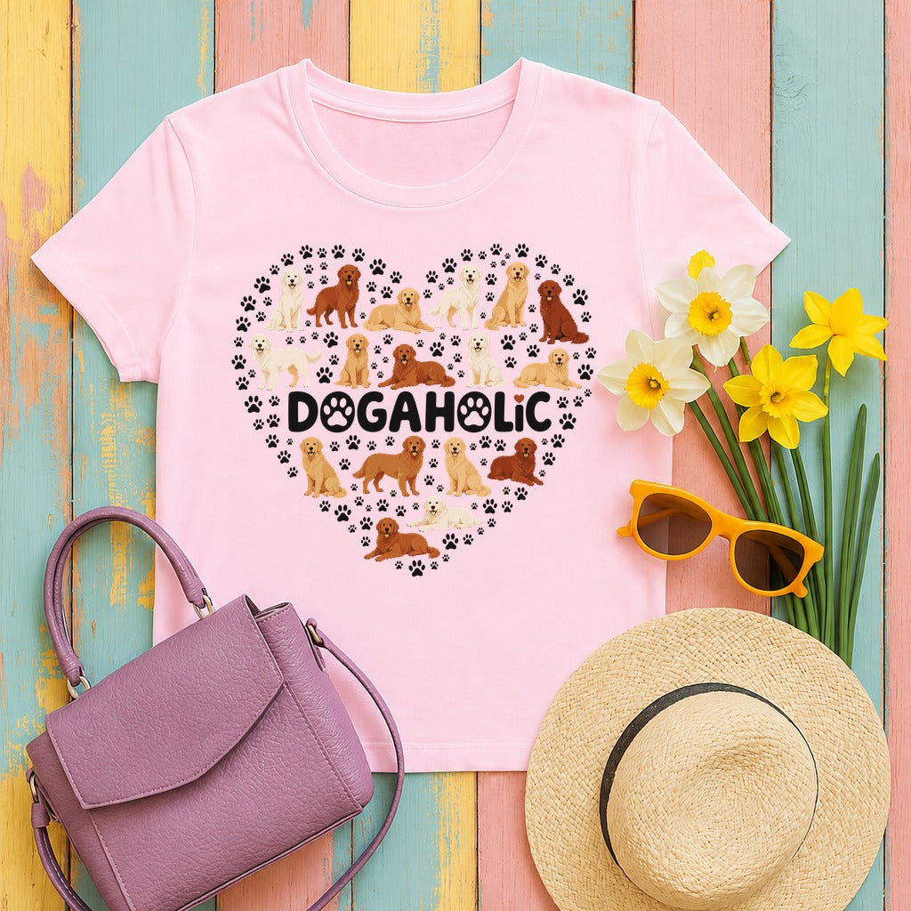 Golden Retriever Dogaholic Heart T-Shirt in Light Pink
